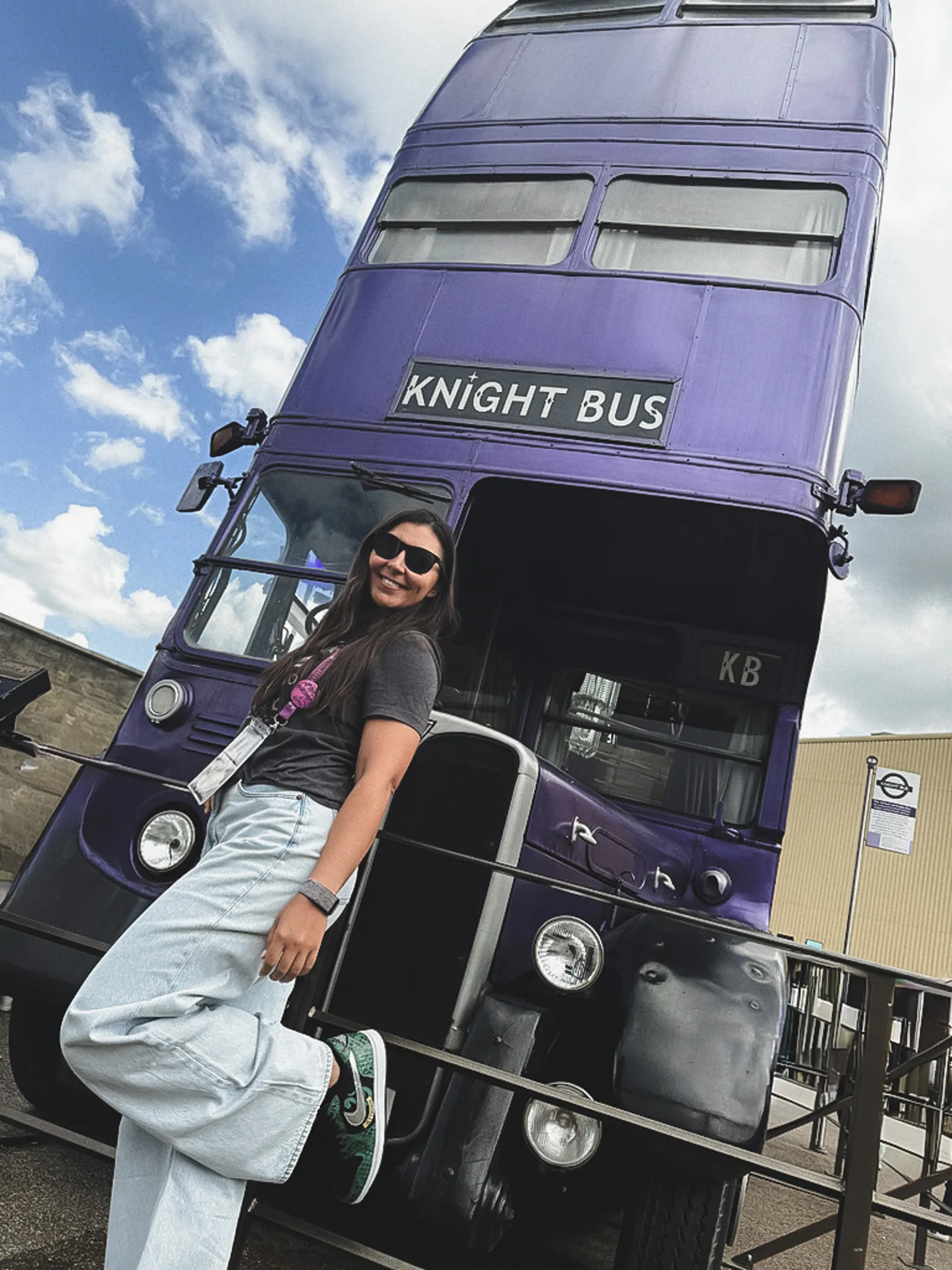 dana in front of the Knight Bus at Warner Bros studio tour london